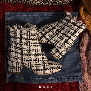 black and white tweed boot heels